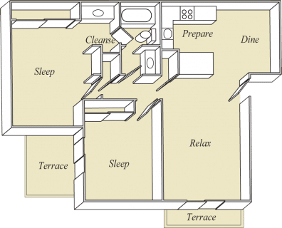 Floor plan for 2 beds, 1 bath, 860 sqft